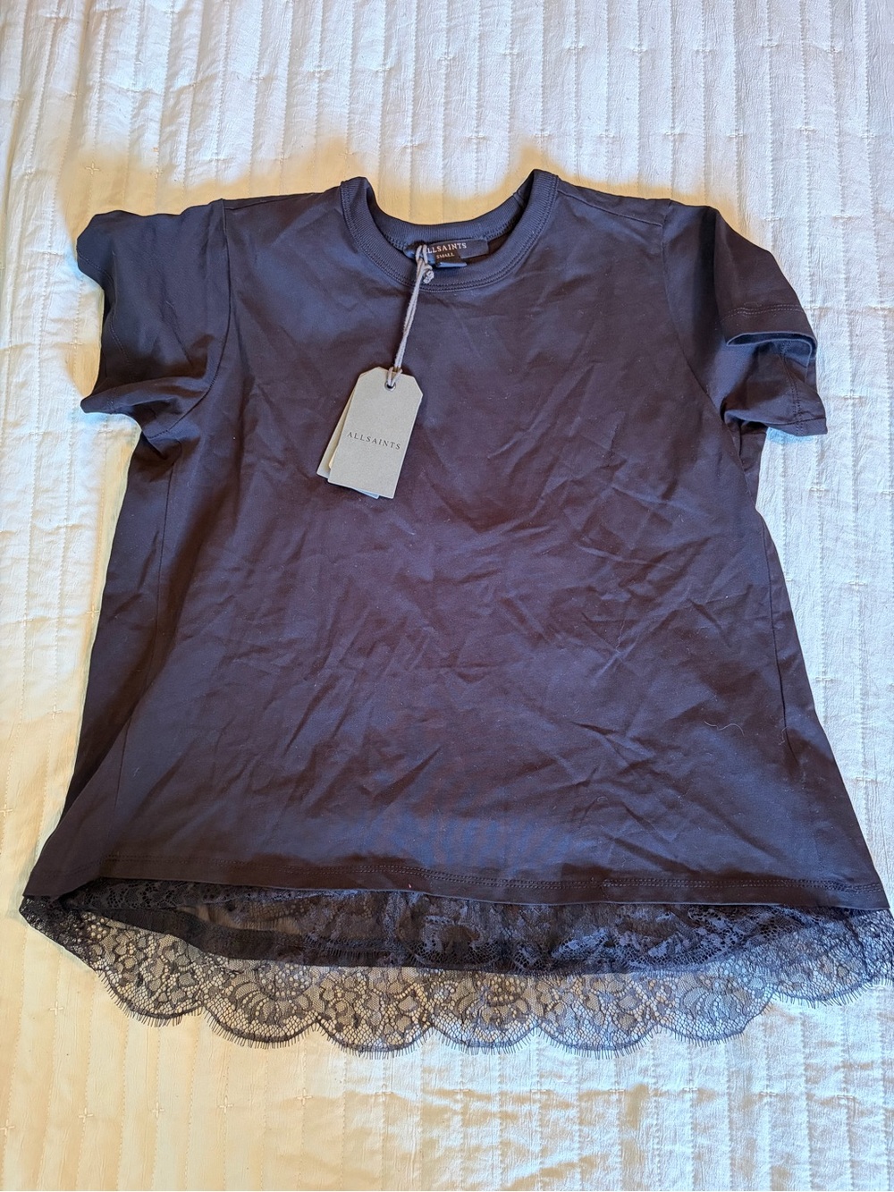 All Saints Black Short-Sleeve Crew Tee with Lace Hem